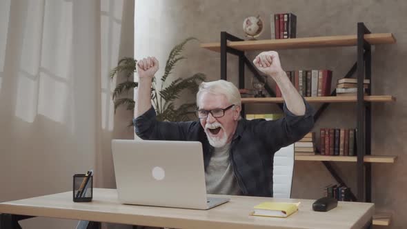 Euphoric Happy Senior Man Looking at Laptop Monitor Celebrating Lottery Win alt