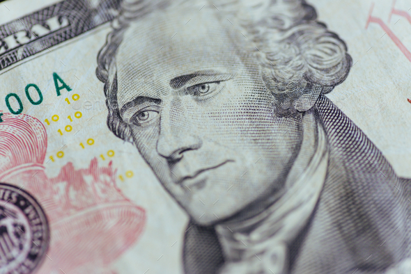 Alexander Hamilton face on US ten or 10 dollars bill macro, unit