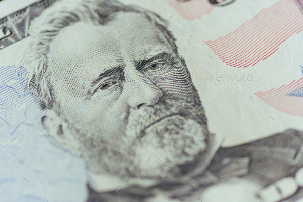 Ulysses Grant on the US fifty person or 50 bill macro closeup