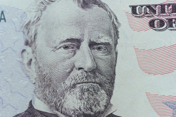 Ulysses Grant on the US fifty person or 50 bill macro closeup