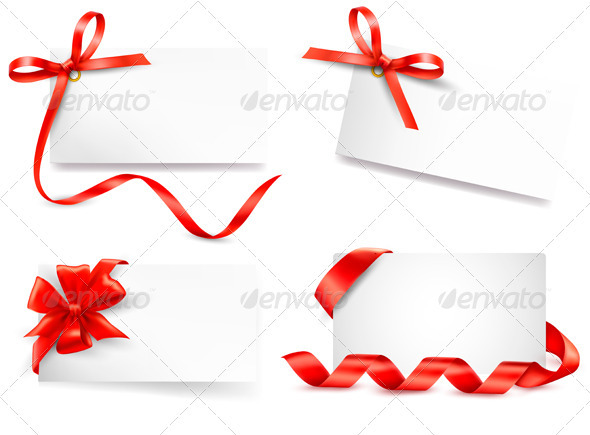Set of card note with red gift bows with ribbons - Christmas Seasons/Holidays