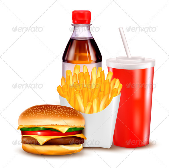 Hamburger and a bottle and drink - Food Objects