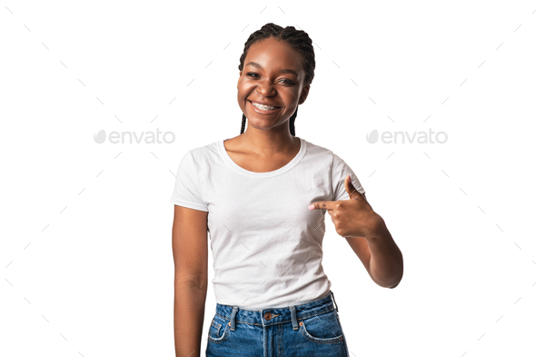 Choose Me. Cheerful Black Young Woman In Braces Pointing Finger At Herself Posing Standing On White Studio Background. Self-Esteem Concept, Look At Me Advertisement Banner.