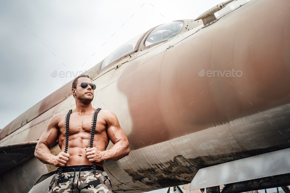 Shirtless male military air force boy muscular masculine