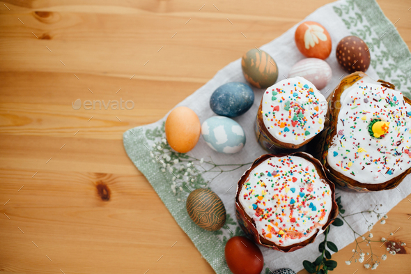 Traditional Easter food on rustic table