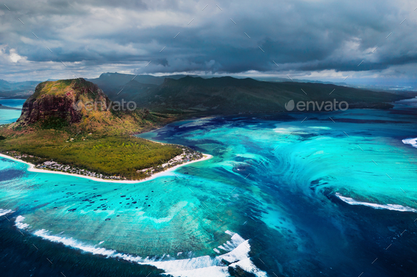 A bird\'s-eye view of Le Morne Brabant, a UNESCO world heritage site.Coral reef of the island of