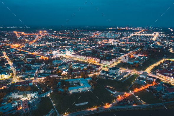 Grodno Belarus Night Aerial View Of Hrodna Cityscape Skyline Famous