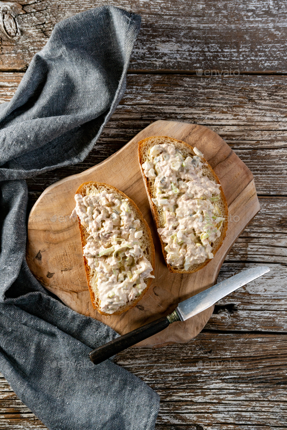 Sandwiches with fresh homemade tuna fish paste. Stock Photo by foto_pstryki
