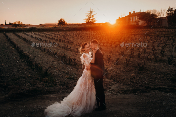 Wedding couple at sunset in France.Wedding in Provence.Wedding photo shoot in France