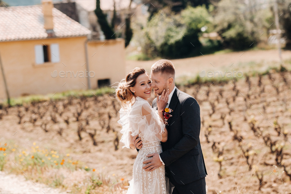 Wedding couple near a Villa in France.Wedding in Provence.Wedding photo shoot in France.