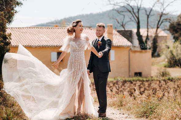 Wedding couple near a Villa in France.Wedding in Provence.Wedding photo shoot in France.