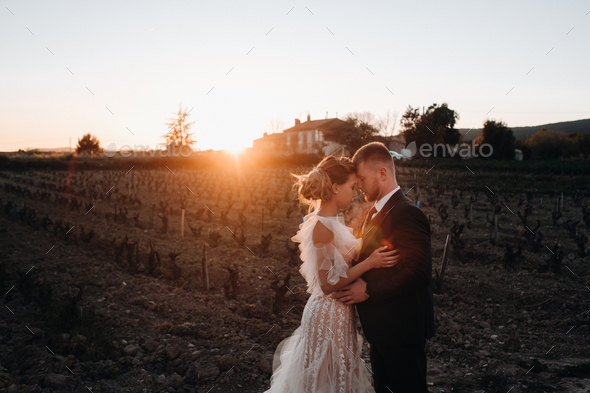 Wedding couple at sunset in France.Wedding in Provence.Wedding photo shoot in France