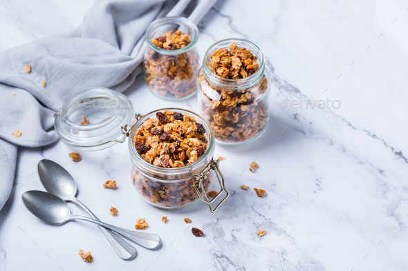Homemade granola muesli on a kitchen table