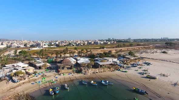 Aerial footage of the fishing bay at mediterranean sea