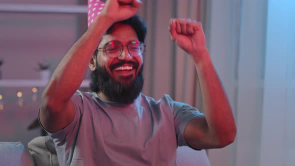 Portrait Arabian Happy Excited Active Cheerful Birthday Man Bearded Indian Male in Pink Hat alt