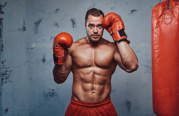 Sportive man with perfect abs and strong hands which protected with boxing gloves ready to fight.