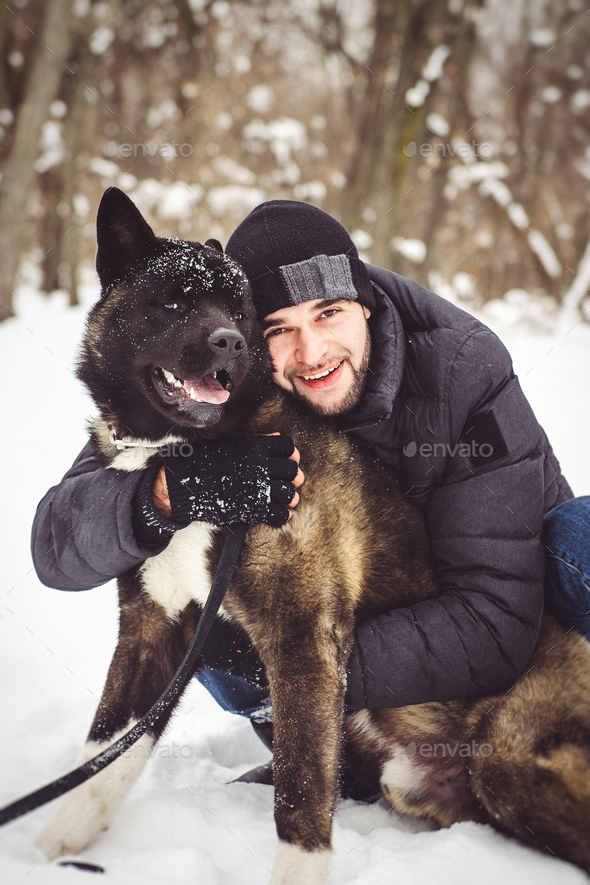 A Man In A Jacket And A Knitted Hat Walks With An American Akita Dog Stock Photo By Omelnickiy