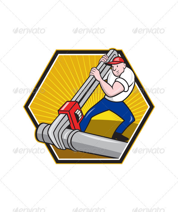 Plumber Worker With Adjustable Wrench Cartoon - Industries Business
