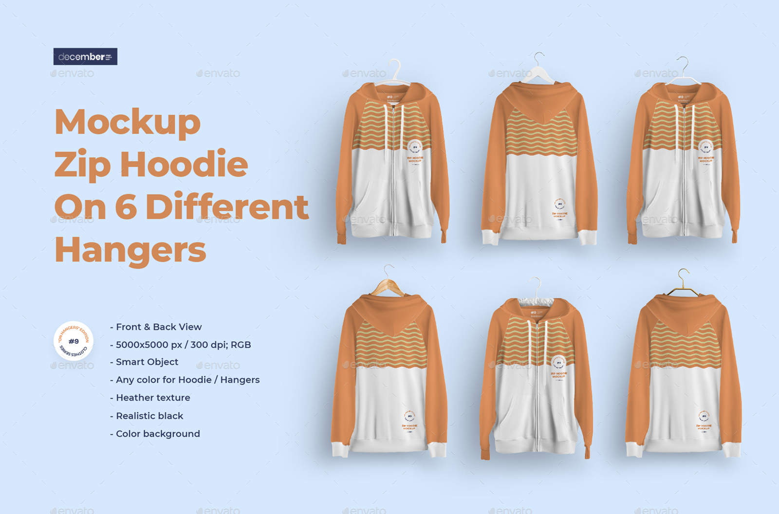 Download Front and Back Zip Hoodie Mockup On 6 Different Hangers by ...