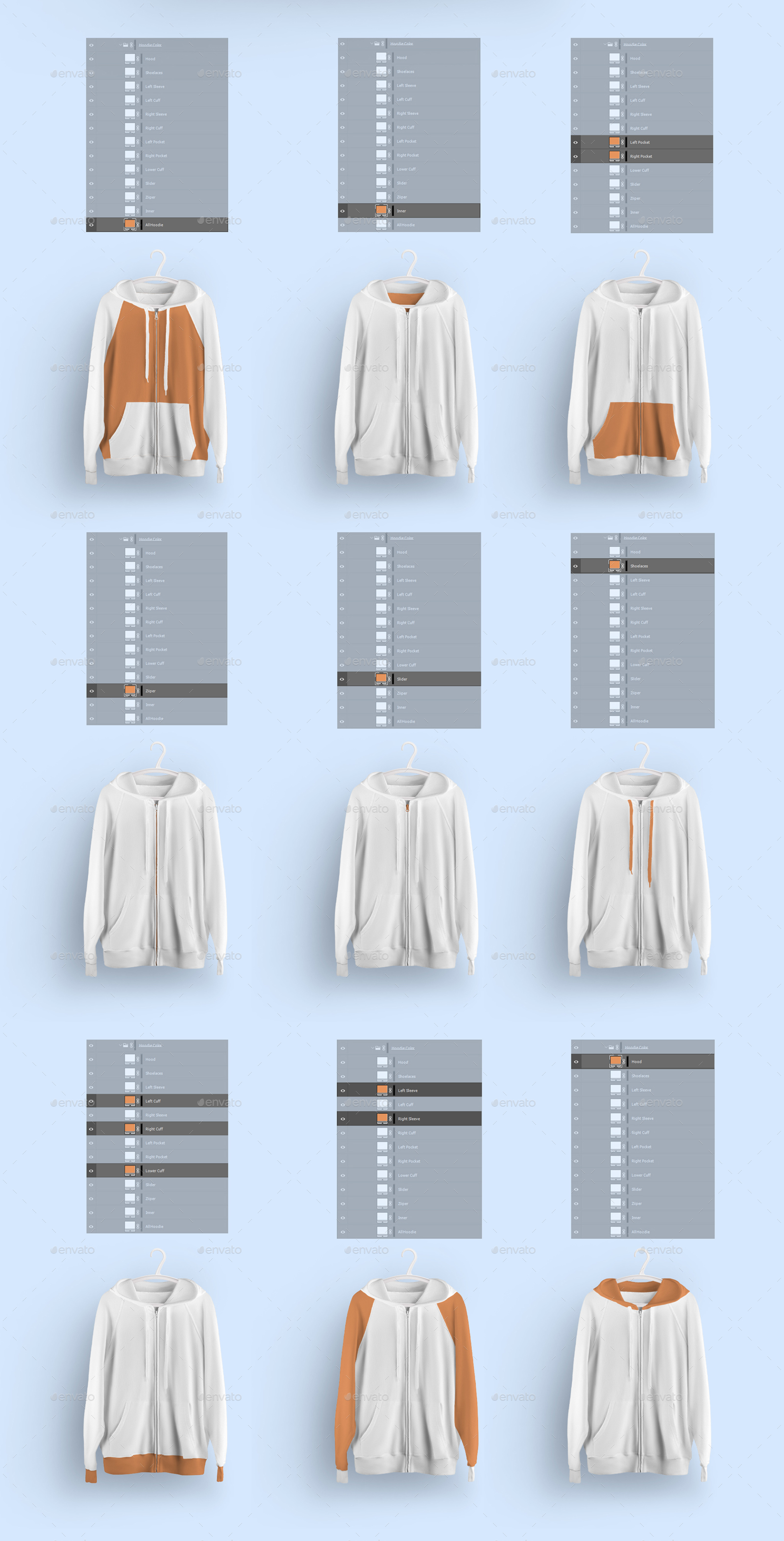 Download Front and Back Zip Hoodie Mockup On 6 Different Hangers by ...