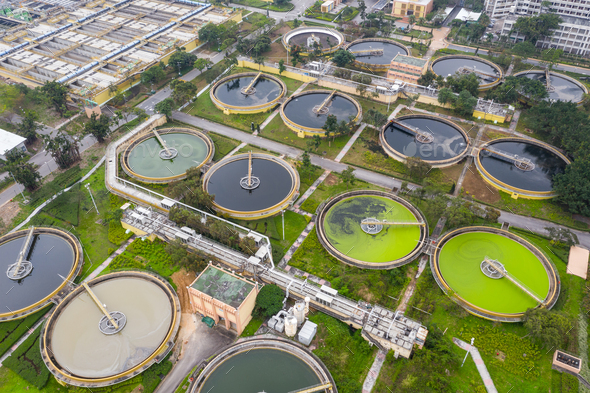 Sha Tin, Hong Kong 17 March 2019: Top view of Sewage treatment plant in ...