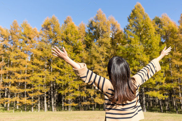 Woman breeze in autumn forest - Stock Photo - Images