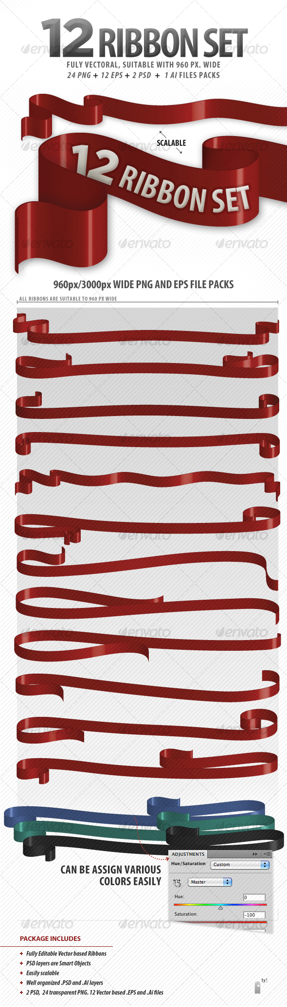 12 Ribbon Package (suitable 960 Grid System) - Decorative Vectors