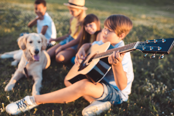 group of multiethnic teenagers playing guitar while spending time together with dog in park - Stock Photo - Images
