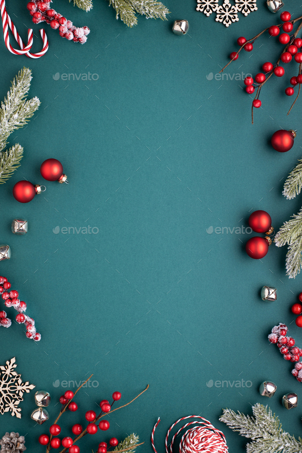 Vertical Christmas Frame with Decorations. Stock Photo by fucsiya