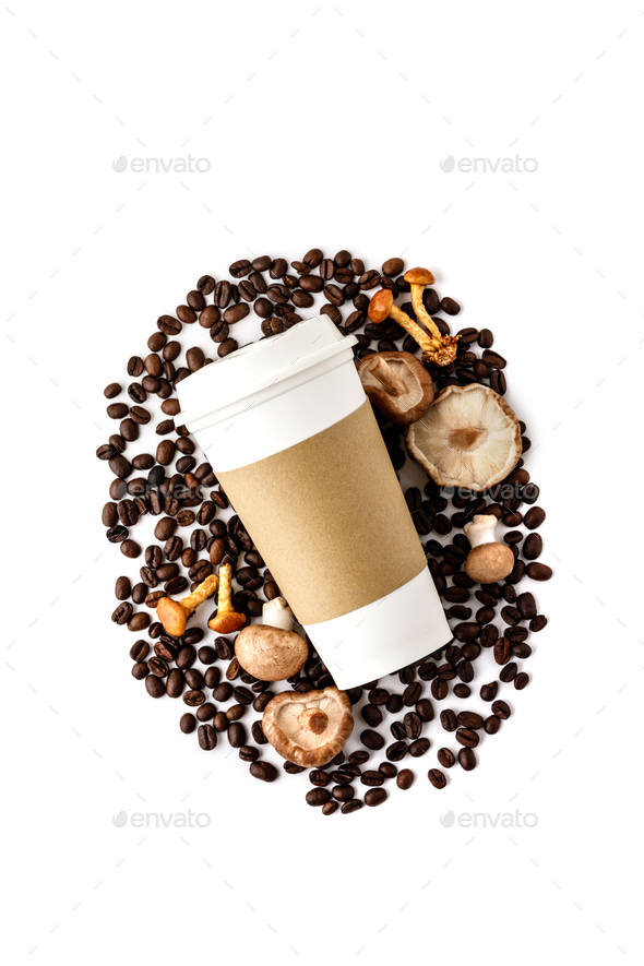 Mushroom Chaga Coffee Superfood Trend-dry and fresh mushrooms, coffee cup and coffee beans on white background. Copy space, top view. Concept of trend modern food industry.
