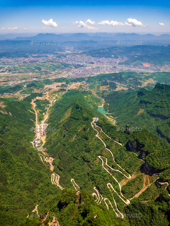 Aerial view of tianmen city with curve road to the mountain, China