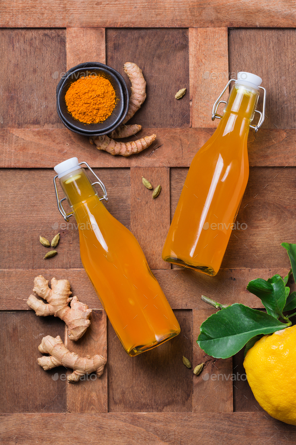 Turmeric ginger drink, immune booster, anti inflammatory beverage Stock Photo by antoninavlasova