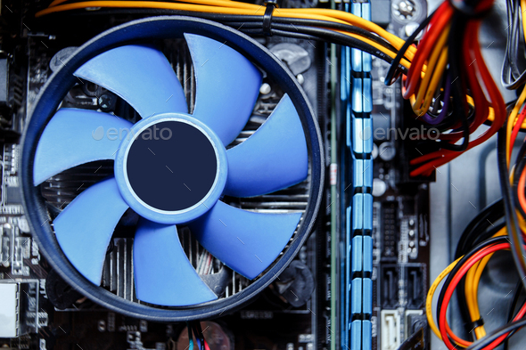 Heatsink and fan of central processing or the CPU cooler inside pc system unit.