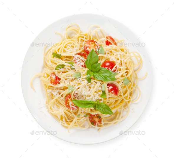 Spaghetti pasta with tomatoes and basil - Stock Photo - Images
