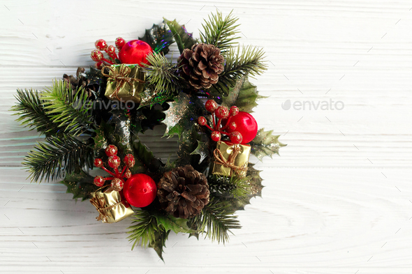 christmas vintage wreath on stylish rustic white wooden background - Stock Photo - Images