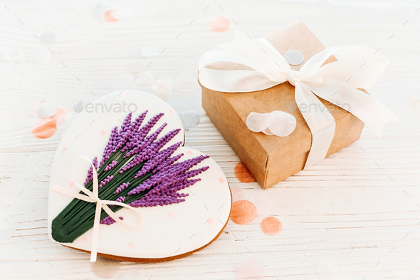 cookie hearts and craft gift box - Stock Photo - Images