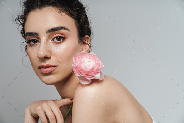 Image Of Attractive Half Naked Woman Posing With Pink Flower On Camera Stock Photo By Vadymvdrobot