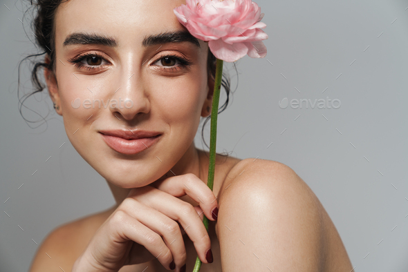 Image Of Smiling Half Naked Woman Posing With Pink Flower On Camera Stock Photo By Vadymvdrobot