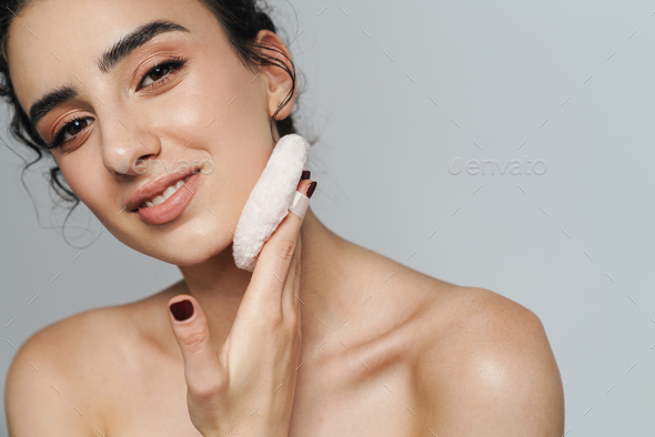 Image Of Pleased Half Naked Woman Smiling And Using Powder Sponge Stock Photo By Vadymvdrobot