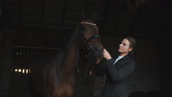 Horse Owner Fixing Bridle Of Her Dark Brown Horse In The Stable  Horse Riding alt