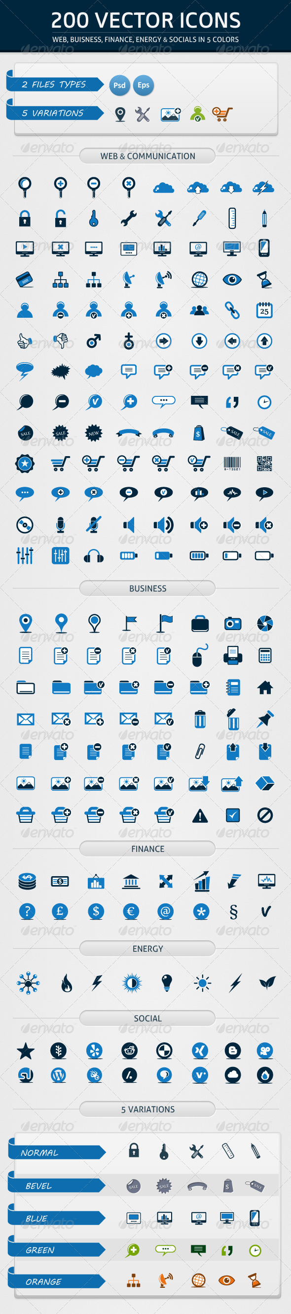 200 Vector Icons in 5 Colors - Web Icons