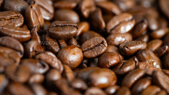 Close-up of roasted coffee beans in detail - Stock Photo - Images