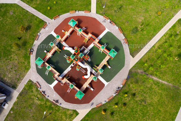 Top view of the New Playground in the new district of Minsk.View from the height of a large children - Stock Photo - Images