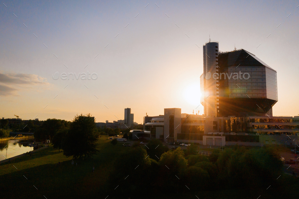 Top view of the National library and a new neighborhood with a Park in Minsk-the capital of the - Stock Photo - Images