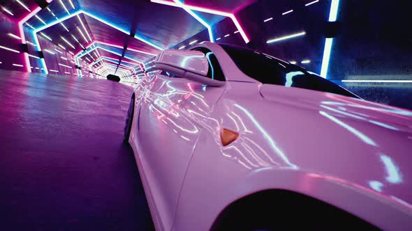 A White Car Drives Fast Through a Neon Tunnel