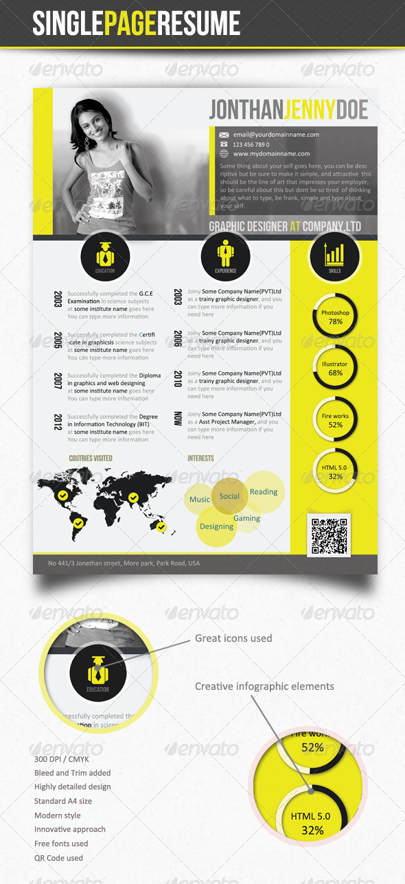 Yellowish Clean Single Page Resume - CV - Resumes Stationery