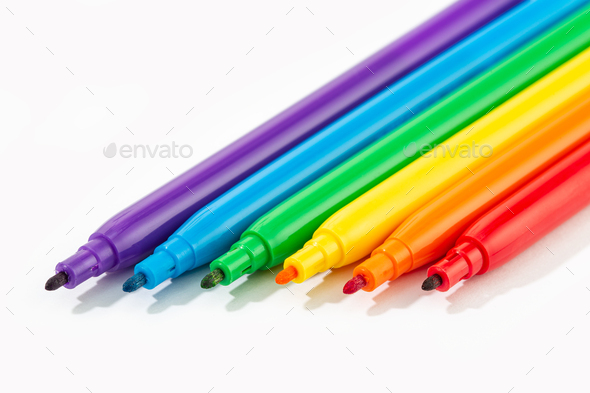 Colorful Markers On White Background. Rainbow Collection Of