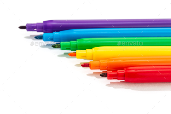 Colorful Markers On White Background. Rainbow Collection Of