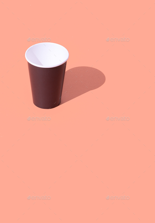 Coffee plastic cups in isometric on pink background. Minimal. Still life art. Plastic free concept