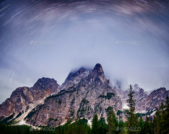 Fantastic starry sky. Autumn landscape and snow-capped peaks. Main Caucasian Ridge. Mountain View - Stock Photo - Images
